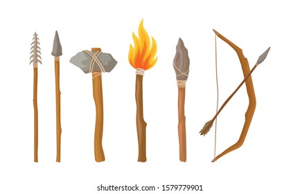 Collection of Stone Age Tools and Weapon, Primitive Prehistoric Hunter Equipment Vector Illustration