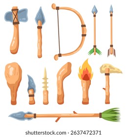 collection of stone age tools and weapons. illustration of ancient human weapons equipment. isolated vector on white background