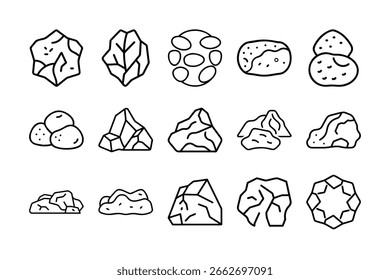 Collection of stone icons in simple black vector style on a white background. Includes rock shapes, pebbles, mineral stones, stacked stones, and nature elements. Perfect for geology, construction, spa