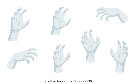 Collection of stone statue hands in various gripping and gesturing poses.