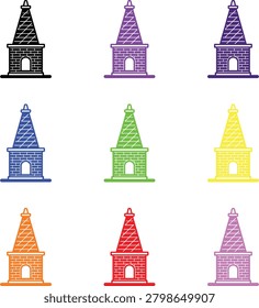 Collection of stone tower icons or monumental structures in nine bright colors. Useful for memorial or travel themes.