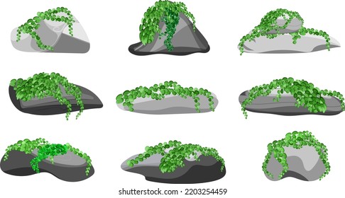 Collection of stones and plants of various shapes for computer games isolated on white background.Coastal pebbles,cobblestones,gravel,minerals and geological formations.Rock fragments,boulders.