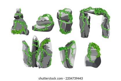 Collection of stones and plants of various shapes for computer games isolated on white background.Coastal pebbles,cobblestones,gravel,minerals and geological formations.Rock fragments,boulders.
