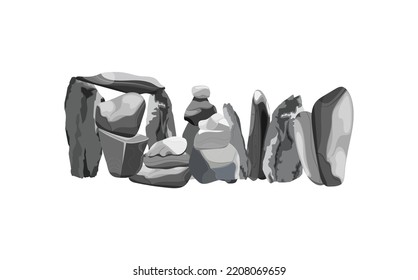 Collection of stones of various shapes for computer games isolated on white background.Coastal pebbles,cobblestones,gravel,minerals and geological formations.Rock fragments,boulders and building.