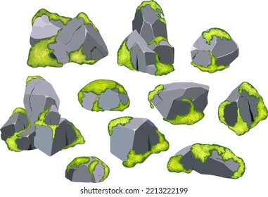 Collection of stones of various shapes  with green moss.Coastal pebbles,cobblestones,gravel,minerals and geological formations  with green lichen.Rock fragments,boulders and building material.