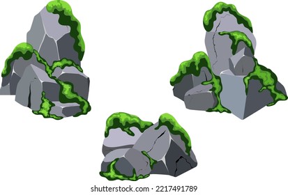 Collection of stones of various shapes  with green moss.Coastal pebbles,cobblestones,gravel,minerals and geological formations  with green lichen.Rock fragments,boulders and building material.