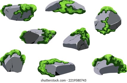 Collection of stones of various shapes  with green moss.Coastal pebbles,cobblestones,gravel,minerals and geological formations  with green lichen.Rock fragments,boulders and building material.