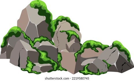 Collection of stones of various shapes  with green moss.Coastal pebbles,cobblestones,gravel,minerals and geological formations  with green lichen.Rock fragments,boulders and building material.