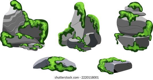 Collection of stones of various shapes  with green moss.Coastal pebbles,cobblestones,gravel,minerals and geological formations  with green lichen.Rock fragments,boulders and building material.
