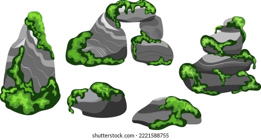 Collection of stones of various shapes  with green moss.Coastal pebbles,cobblestones,gravel,minerals and geological formations  with green lichen.Rock fragments,boulders and building material.
