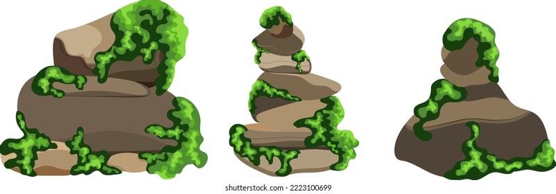 Collection of stones of various shapes  with green moss.Coastal pebbles,cobblestones,gravel,minerals and geological formations  with green lichen.Rock fragments,boulders and building material.