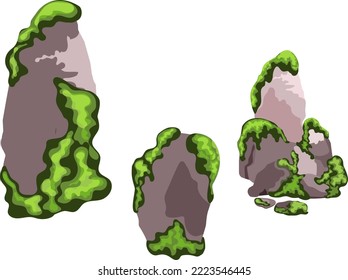 Collection of stones of various shapes  with green moss.Coastal pebbles,cobblestones,gravel,minerals and geological formations  with green lichen.Rock fragments,boulders and building material.