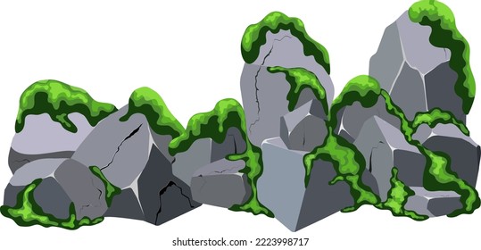 Collection of stones of various shapes  with green moss.Coastal pebbles,cobblestones,gravel,minerals and geological formations  with green lichen.Rock fragments,boulders and building material.