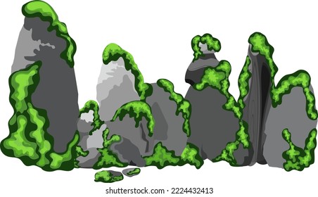 Collection of stones of various shapes  with green moss.Coastal pebbles,cobblestones,gravel,minerals and geological formations  with green lichen.Rock fragments,boulders and building material.
