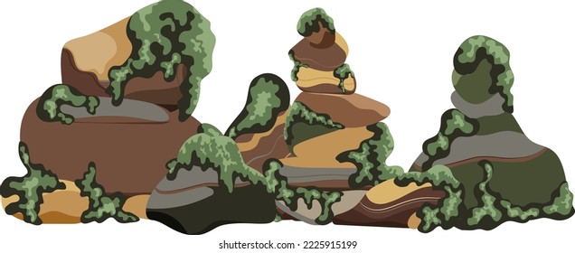 Collection of stones of various shapes  with green moss.Coastal pebbles,cobblestones,gravel,minerals and geological formations  with green lichen.Rock fragments,boulders and building material.
