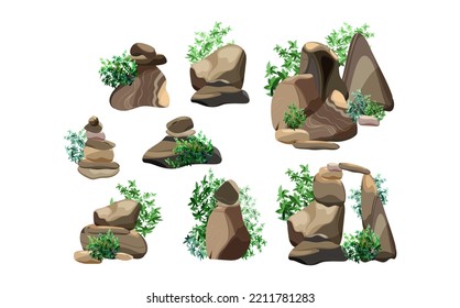 Collection of stones of various shapes with plants.Coastal pebbles,cobblestones,gravel,minerals and geological formations.Rock fragments,boulders and building material.Vector illustration.