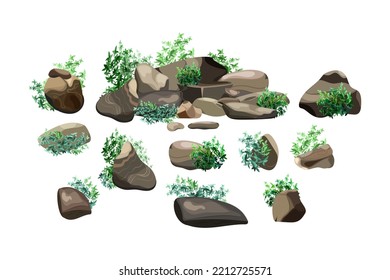 Colección de piedras de diversas formas y plantas.Gomas costeros, adoquines, grava, minerales y formaciones geológicas.Fragmentos de roca, rocas y material de construcción.Ilustración vectorial.