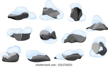 Collection of stones of various shapes in the snow.Coastal pebbles,cobblestones,gravel,minerals and geological formations.Rock fragments,boulders and building material.Vector illustration .