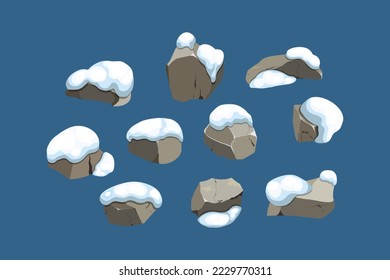Collection of stones of various shapes in the snow.Coastal pebbles,cobblestones,gravel,minerals and geological formations.Rock fragments,boulders and building material.Vector illustration.
