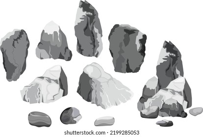 Collection of stones of various shapes.Coastal pebbles,cobblestones,gravel,minerals and geological formations.Rock fragments,boulders and building material.Vector illustration.