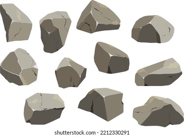 Collection of stones of various shapes.Coastal pebbles,cobblestones,gravel,minerals and geological formations.Rock fragments,boulders and building material.Vector illustration set.