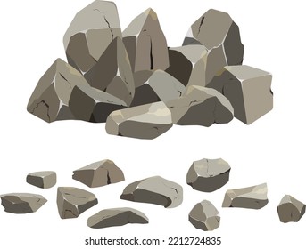 Sammlung von Steinen verschiedener Formen.Stachelkies, Pflastersteine, Kies, Mineralien und geologische Formationen.Felsfragmente, Felsbrocken und Baumaterial.Vektorgrafik.