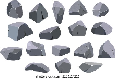 Collection of stones of various shapes.Coastal pebbles,cobblestones,gravel,minerals and geological formations.Rock fragments,boulders and building material.Vector illustration.