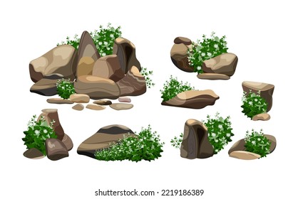 Collection of stones of various shapes.Coastal pebbles,cobblestones,gravel,minerals and geological formations.Rock fragments,boulders and building material.Vector illustration.