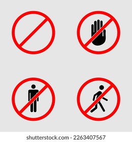 Collection of stop signs. No entry sign. The man in the red circle. Manual stop and nobody walks. Prohibiting pedestrian signs. No entry..eps