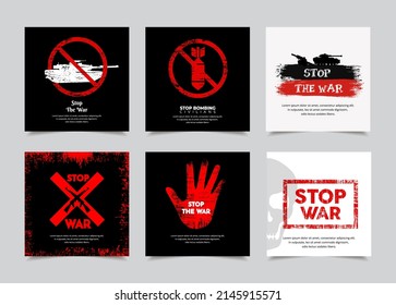 Colección del ícono de diseño de paro de guerra con silueta de tanques, bombas y pistolas