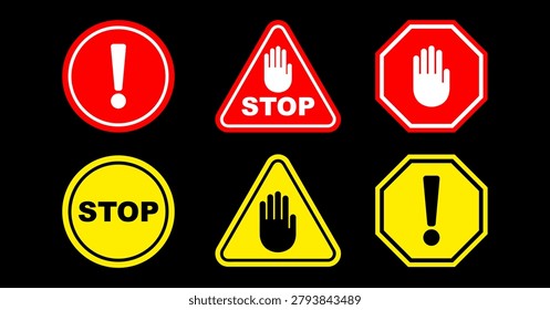 Collection of stop and warning sign icons featuring hand symbols, exclamation marks, circular, triangular, and octagonal safety signs. Designed for hazard alerts, restricted access areas, workplace safety, construction sites, traffic control, security notices, and public warning systems. High-visibility red and yellow symbols ideal for safety communication, industrial signage, and regulatory design projects.