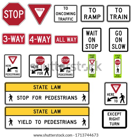 Collection of stop and yield sign for drive safety on highway road. High quality Standard Traffic sign collection vector illustrator on white background