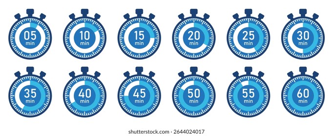Collection of stopwatch icons showing countdown intervals from 5 to 60 minutes, ideal for fitness, time tracking, or scheduling apps and infographics. Icons, vector.