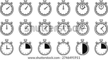 Collection of stopwatch icons showing different times, elapsed intervals, countdowns, time measurement, clock faces, timer graphics, vector illustration