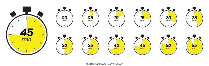 Collection of stopwatch icons showing time intervals from zero to fifty five minutes