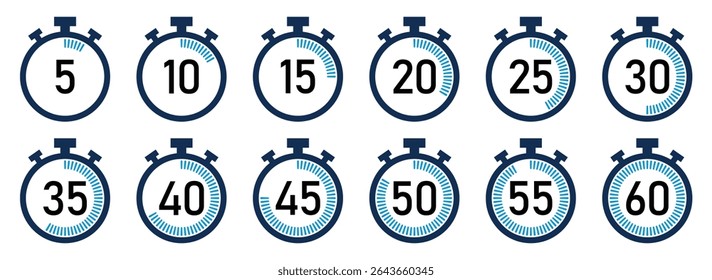 Collection of stopwatch icons showing timer durations from 5 to 60 minutes. Circular progress indicators included. Ideal for time, countdown, or fitness related visuals.