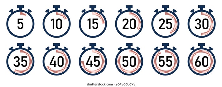 Collection of stopwatch icons showing timer durations from 5 to 60 minutes. Circular progress indicators included. Ideal for time, countdown, or fitness related visuals. Icons, vector, symbols.