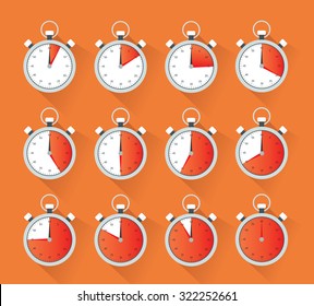 Collection of a stopwatch showing different times in five minutes stops