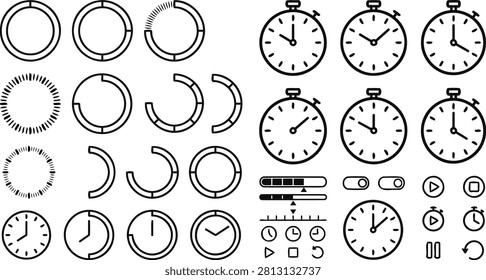 A collection of stopwatch and timer icons in various styles, presented as flat icons with a distinctive silhouette appearance on a white background.