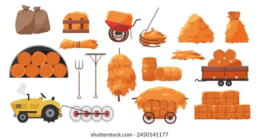 Collection, storage and transportation of dry hay and straw set. Haystacks of wheat or grass crop of round and square shape, hayloft and pitchfork, tractor and wheelbarrow cartoon vector illustration