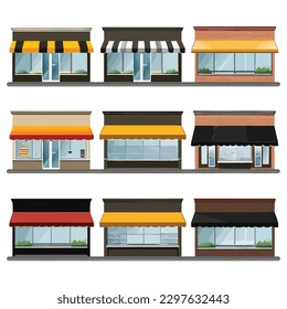 Colección de edificios de tiendas aislados en blanco