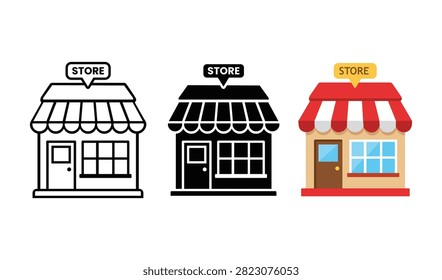 Collection of store icons featuring outline, solid black, and colorful flat designs. Perfect for e-commerce, retail, business, and web interface projects.