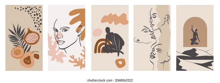 Collection of stories design template with abstract modern art, woman faces and bodies elements. Editable vector illustration.