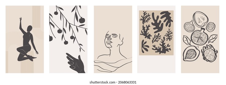 Collection of stories design template with abstract modern art, woman faces and bodies elements. Editable vector illustration.