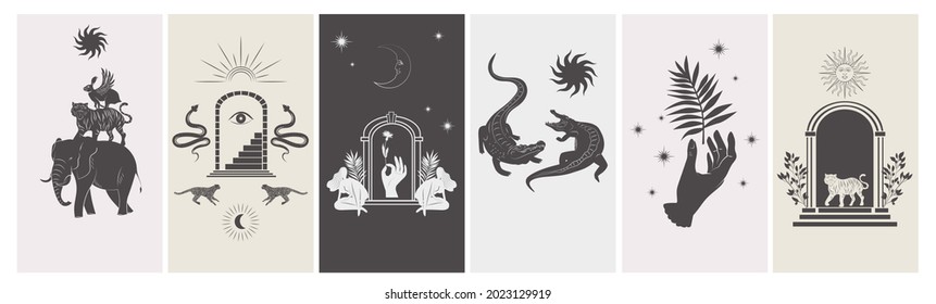 Collection of stories design template with astrology and mystical elements. Editable vector illustration.