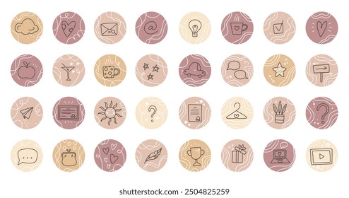 Collection of stories highlight covers round icons for social media. Love, food, travel, weather, questions, parties, education, money, chat, contacts. Vector illustration. 