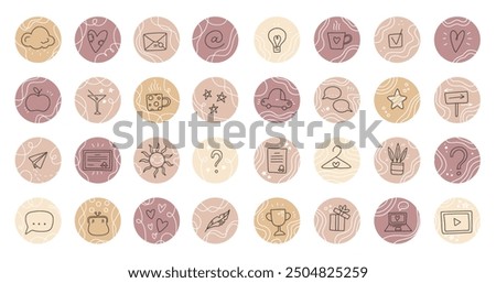 Collection of stories highlight covers round icons for social media. Love, food, travel, weather, questions, parties, education, money, chat, contacts. Vector illustration. 