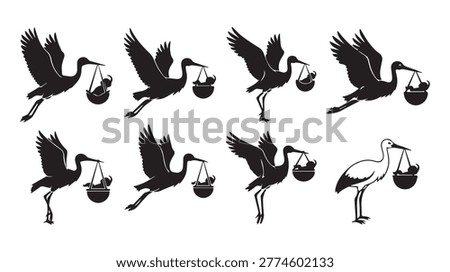 Collection of stork icons delivering babies in bundles featuring silhouette and line art styles for various design needs