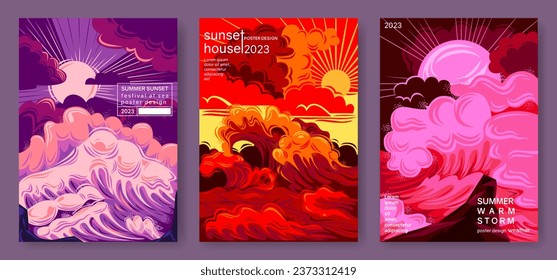 Kollektion von Sturm-, Sonnenuntergang- und Meereswellen-Landschaften. Set von flachen Design-Vektorgrafiken. Hintergründe für Poster, T-Shirt-Ausdrucke, Banner oder Flyer