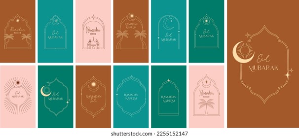 Sammlung von Geschichte Design, minimale lineare Stil islamischen Ramadan Kareem. Mond, Moschee und Laternen. Minimalistische Illustrationen